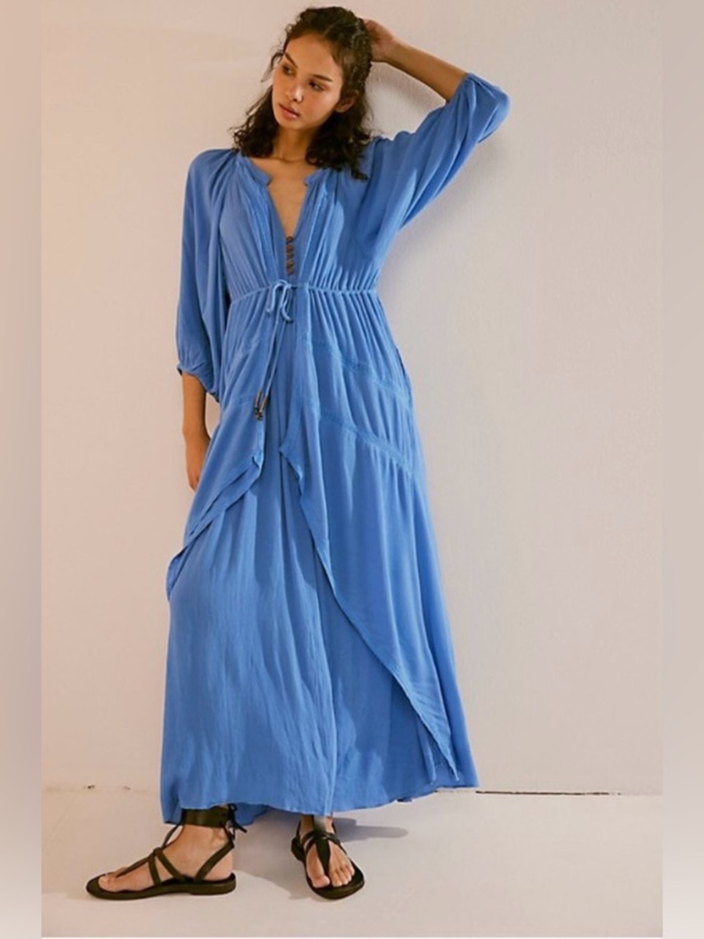 NWT Free People Turquoise V-Neck Tie-Waist Maxi Dress - Picture 3 of 14
